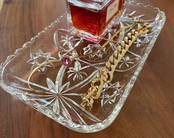 Vintage Anchor Hocking Crystal Dish | Cut Star Pattern | Jewelry Trinket Tray