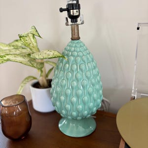 Vintage Mint Green Ceramic Lamp, Retro 1970s Glazed Table Lamp