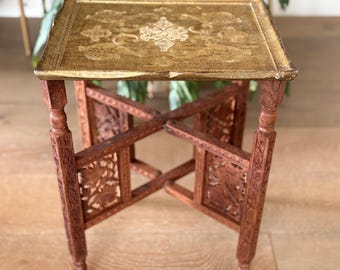 Vintage Moroccan Wood Side Table and Plant Sand