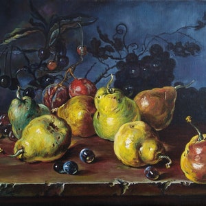 fruit, pear, small oil painting, still life, food on table, one of a kind
