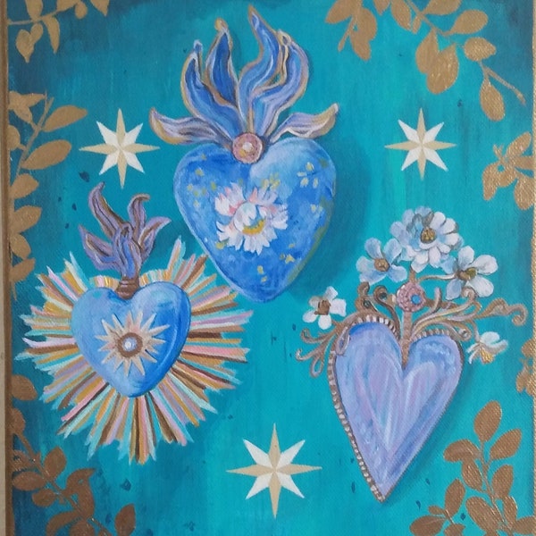 Sacred Heart, Milagro, Small Painting, Light Academia, Cottagecore, Gallery Wall Art, Jesus, Original Painting, One of a kind, Holy, Blue