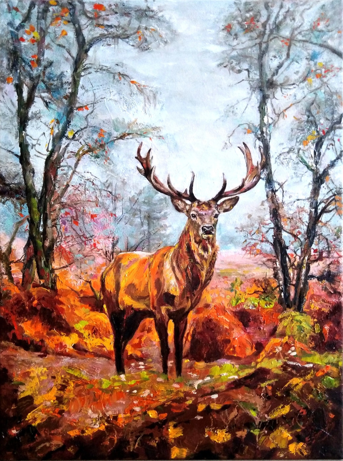 Original deer stag oil painting on canvas forest nature Etsy