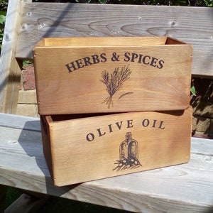 Gorgeous rustic wooden Olive Oil or Herbs & Spices kitchen storage box in a vintage medium oak finish.  29cm x 12.5 cm. Mother&#39;s Day gift.