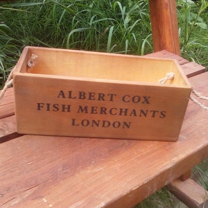 Albert Cox FISH MERCHANTS LONDON. Rustic wooden storage box. Great gift or looks fab in your own house! Light or Med Oak.