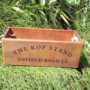 The Kop Stand ANFIELD ROAD L4. Rustic wooden storage box. Great gift for Liverpool football fans!