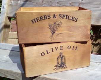 Gorgeous rustic wooden Olive Oil or Herbs & Spices kitchen storage box in a vintage medium oak finish.  29cm x 12.5 cm. Mother's Day gift.