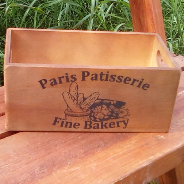 Gorgeous rustic wooden Paris Patisserie kitchen storage box in a vintage medium oak finish. 29cm x 12.5 cm. Perfect gift. Mother's Day gift.