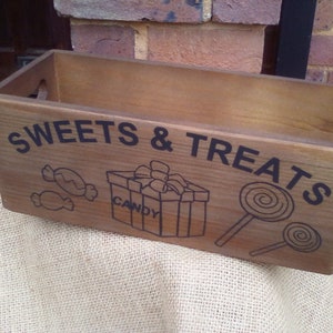 Cute Sweets & Treats design rustic wooden storage box. Perfect for storing all your chocolate and sweeties!!