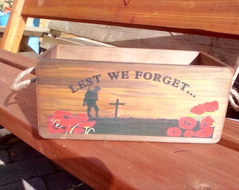 LEST WE FORGET. A really beautiful rustic wooden storage box. Makes a fab gift box/hamper for past and present members of the armed forces.