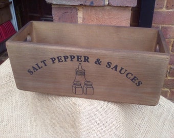 Lovely rustic wooden SALT PEPPER & SAUCES storage box. Great in your kitchen or a fabulous gift.