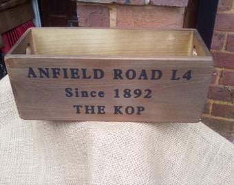 Lovely rustic wooden storage box with ANFIELD ROAD L4 The KOP. Makes a great Christmas /birthday gift box for Liverpool football fans!