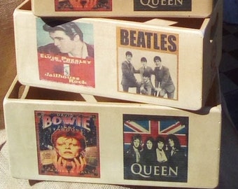Fantastic retro style wooden "CLASSIC MUSIC ICONS" storage box  in 5 sizes. (Bowie, Queen, Elvis, Beatles ). Great as a gift or just for you