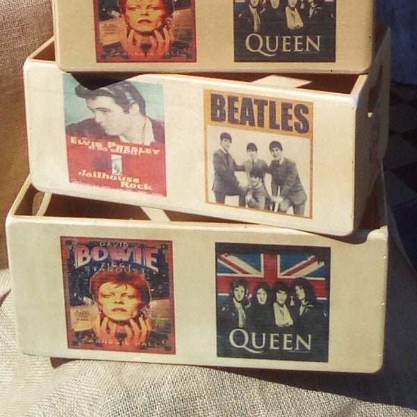 Fantastic retro style wooden "CLASSIC MUSIC ICONS" storage box  in 5 sizes. (Bowie, Queen, Elvis, Beatles ). Great as a gift or just for you