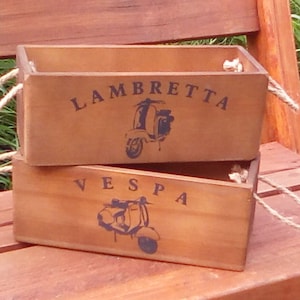 VESPA & LAMBRETTA. Rustic wooden storage box . Great gift for SCOOTER fans!  (One design on each side)