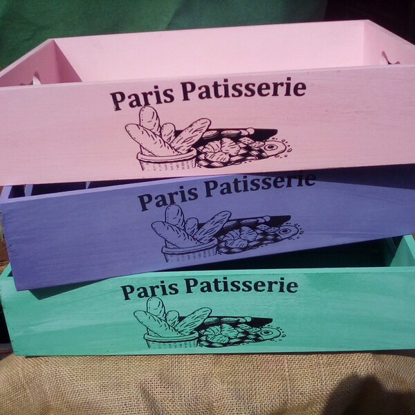 HALF PRICE SALE. Pastel painted wooden bread crate/tray with Paris Patisserie. Great gift or kitchen storage. Mother's Day gift. 46 x 30 cm.