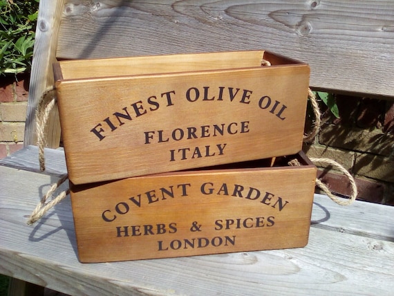 Olive Oil or Herbs & Spices rustic style wooden storage boxes. Great in the kitchen or a perfect gift. Mother's Day.