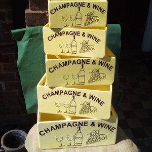 A really Fab pastel yellow painted wooden "CHAMPAGNE & WINE" storage box/crate in 5 sizes.  A gorgeous gift item.