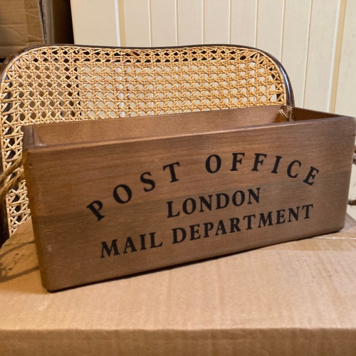 POST OFFICE London Mail Dept. Rustic wooden storage box. Ideal for your post and stationery etc. Great gift.