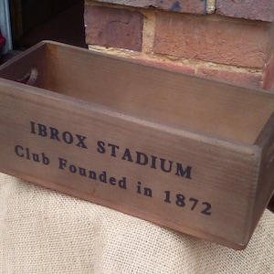 IBROX STADIUM G51. Rustic wooden storage box. Great gift for RANGERS football fans!  Light Oak or Medium Oak finish.