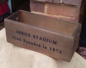 IBROX STADIUM G51. Rustic wooden storage box. Great gift for RANGERS football fans!  Light Oak or Medium Oak finish.