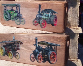 Unique rustic style wooden steam engine traction engine design storage box/ crate in dark oak finish. A fabulous gift for Dad/Grandad etc .