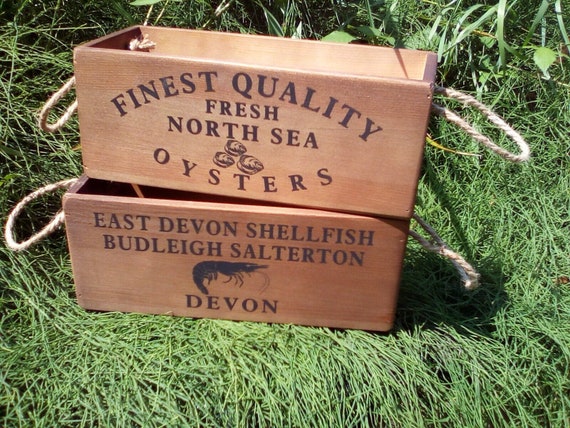 BEST SELLER!! Rustic vintage style wooden seafood theme storage boxes with North Sea Oysters or East Devon Shellfish design.
