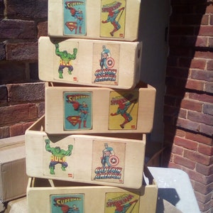 Fantastic retro style wooden SUPERHERO themed storage boxes/crates. Available in 5 sizes. Makes a great gift hamper to fill with goodies!