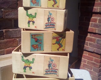 Fantastic retro style wooden SUPERHERO themed storage boxes/crates. Available in 5 sizes. Makes a great gift hamper to fill with goodies!