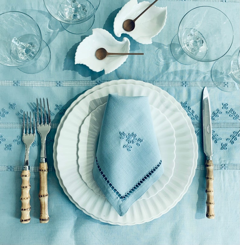 13Pc Set Vintage Hand Embroidered Ice Blue Fine Linens image 2