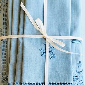 13Pc Set Vintage Hand Embroidered Ice Blue Fine Linens image 3