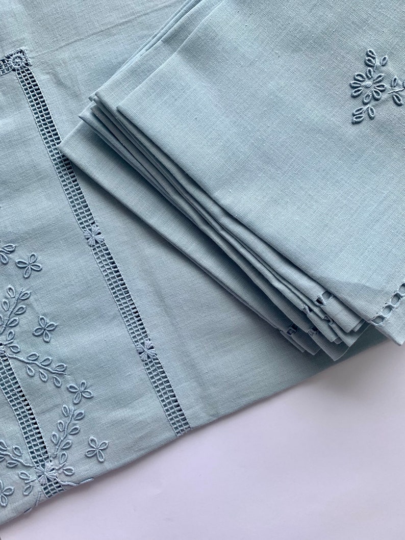 13Pc Set Vintage Hand Embroidered Ice Blue Fine Linens image 7