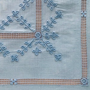 13Pc Set Vintage Hand Embroidered Ice Blue Fine Linens image 4