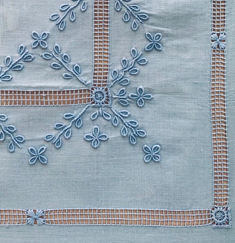 13Pc Set Vintage Hand Embroidered Ice Blue Fine Linens image 4