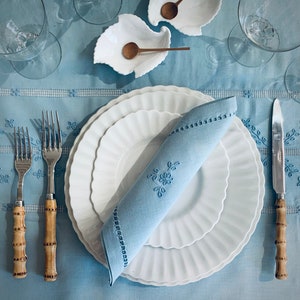 13Pc Set Vintage Hand Embroidered Ice Blue Fine Linens image 1