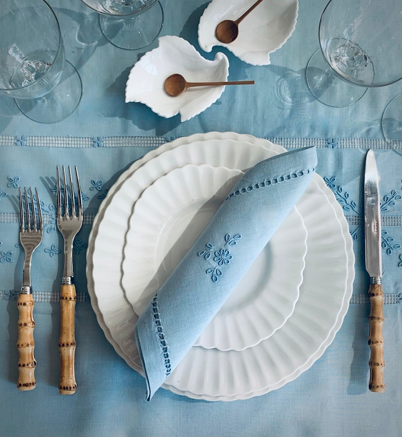 13Pc Set Vintage Hand Embroidered Ice Blue Fine Linens image 1