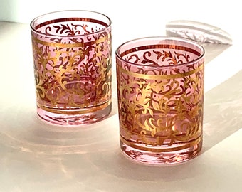Pair of Mid Century Pink and Gold Venetian Embossed Lowballs