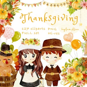 clipart aquarela de ação de graças PNG, gráfico de peru de férias, cornucópia, clipart de torta de maçã, clipart de outono, colheita de outono, bebê digital PNG