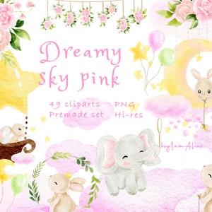 Clipart elefantino, clipart acquerello coniglietto, piccolo animale PNG, arte della scuola materna del bambino, grafica del palloncino con stella luna, PNG neonato rosa