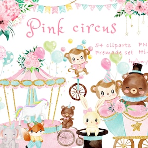 Circus watercolor clipart, pink circus graphics, baby animal graphics, baby elephant, nursery clipart, baby shower graphics, baby circus PNG