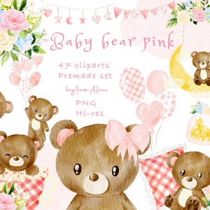 Clipart orsetto bambino, orsacchiotto rosa acquerello PNG, uso COMMERCIALE GRATUITO, clipart animali del bosco per bambini, arte della scuola materna, clipart bambina png