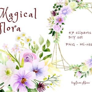 Lila Aquarell Blumen Clipart, lila Blumen Clipart, kostenlose kommerzielle Nutzung, magische Aquarell Blumen, grün Clipart, Hochzeit Clipart