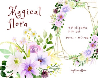 Purple watercolor flower clipart, violet floral clipart, FREE commercial use, magical watercolor floral, greenery clipart, wedding clipart