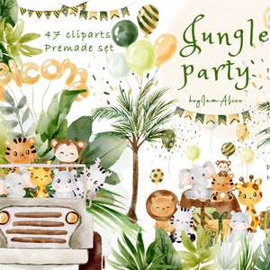 Imágenes prediseñadas de animales de acuarela de la selva, vivero de la selva, baby shower de la selva, gráfico de animales de safari PNG, elefante bebé, león bebé, jirafa bebé PNG