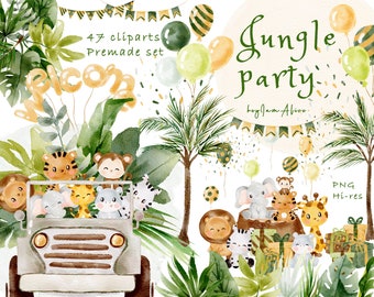 Jungle watercolor animal clipart, jungle nursery, jungle baby shower, safari animal graphic PNG, baby elephant, baby lion, baby giraffe PNG