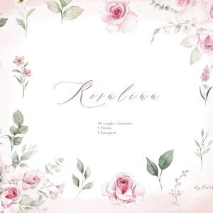 Roze ROSE bloem aquarel clipart, zacht roze bloemen PNG, aquarel boeket png, bruiloft clipart, kinderkamer clipart, blozen bloemen gouden frame