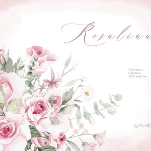 Pink ROSE flower watercolor clipart, soft pink floral PNG, watercolor bouquet png, wedding clipart, nursery clipart, blush floral gold frame