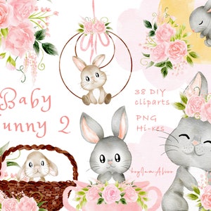 Baby Hase Clipart, rosa Aquarell Kaninchen PNG, Sublimation png, Waldtier Clipart, Kinderzimmer Kunst, Baby Mädchen Clipart png, Osterhase