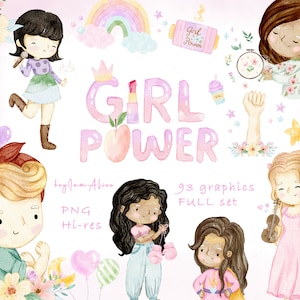Mädchen Power Aquarell Clipart, Super Mädchen PNG, starke Frau, Mädchen Ermächtigung Grafik, glücklicher Frauentag, PNG Sublimationsdesign, süßes Mädchen