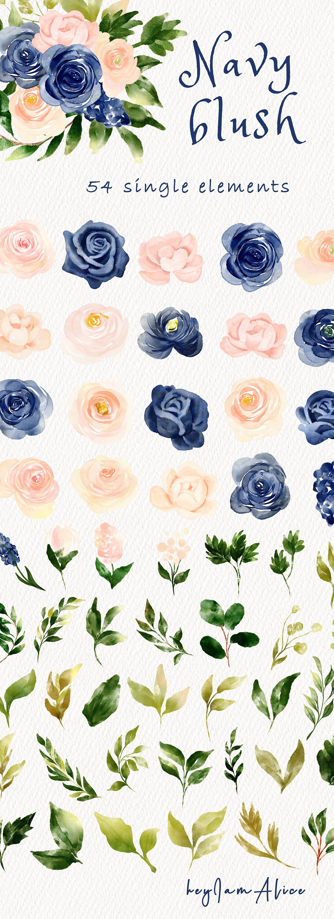 Navy Blush Flower Watercolor Clipart, FREE COMMERCIAL Use, Pink Floral ...