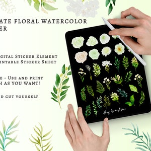 White Greenery Digital Sticker, Printable Sticker Sheet, Watercolor ...